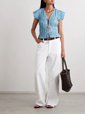 Sea New York Light Blue Ruched Tie-Front Blouse